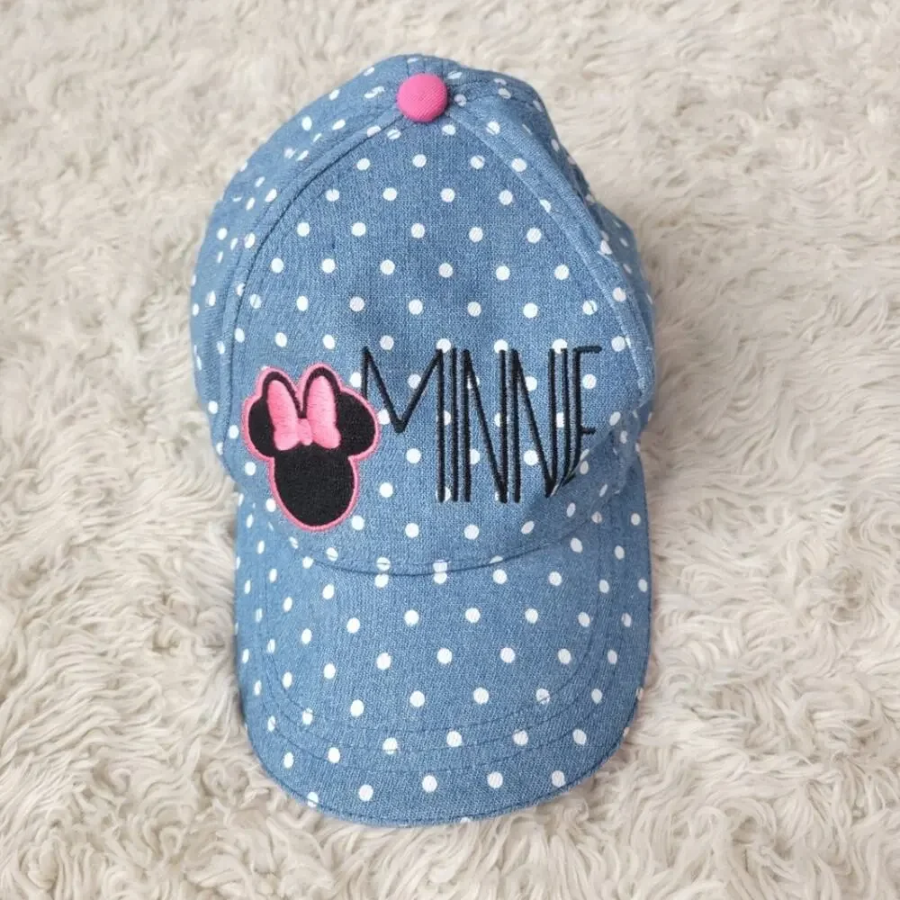 Disney Minnie Mouse Denim Blue White Polka Dot Girls Adjustable Baseball Cap Hat